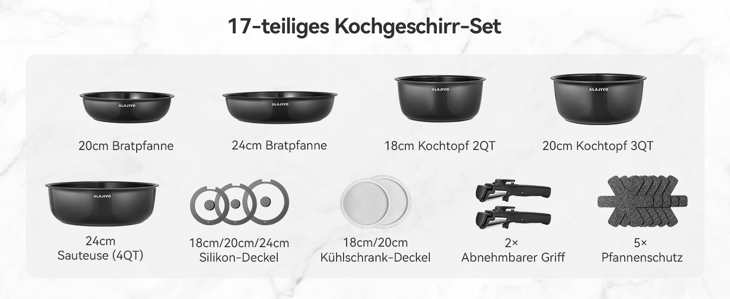 Набір посуду 17 предметів з знімним ручками, антипригарне покриття, для всіх типів плит, включаючи індукційні, сумісний з духовкою (темно-сірий)