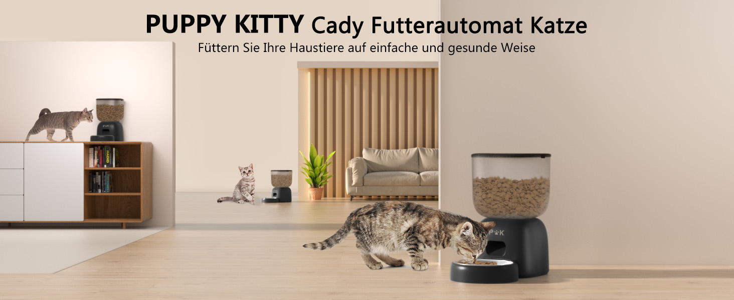 Автоматичний годівниця та фонтанчик для котів PUPPY KITTY, 180 днів роботи від батареї, легкий у чищенні, голосове керування, 3л годівниця та 2л фонтанчик (чорний)