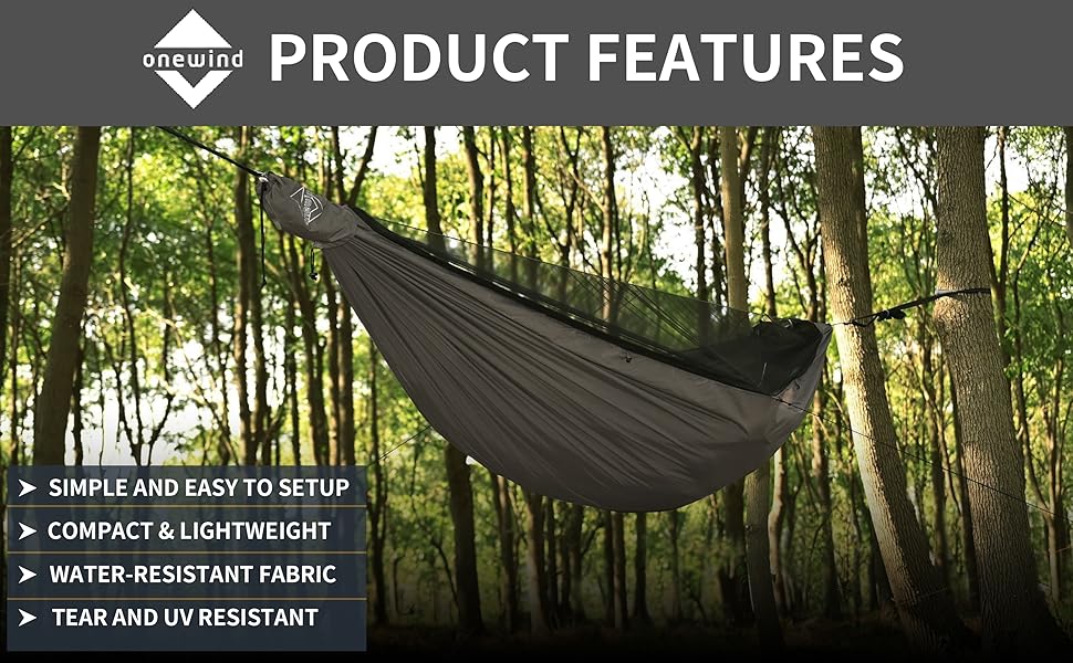 Гамак Onewind Premium 11' з блискавкою, антимоскітною сіткою та ременями для дерев, портативний, для кемпінгу, подорожей, туризму, 335×162 см, оливково-зелений з вітрозахистом