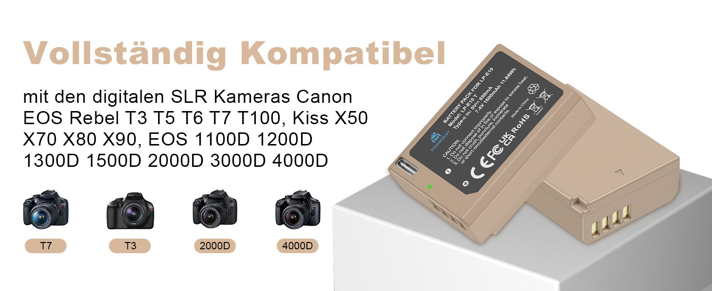 Комплект Homesuit: 3 акумулятори LP-E10 1600mAh та LCD-зарядний пристрій на 3 слоти для Canon EOS 1100D, 1200D, 1300D, 1500D, 2000D, 3000D, 4000D, Rebel T3, T5, T6, T7, T100, Kiss X50, X70, X80