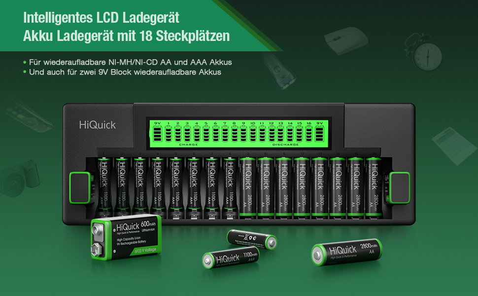 Зарядний пристрій HiQuick для акумуляторів AA, AAA, 9V Ni-MH/Ni-Cd з LED індикацією та мережевим кабелем