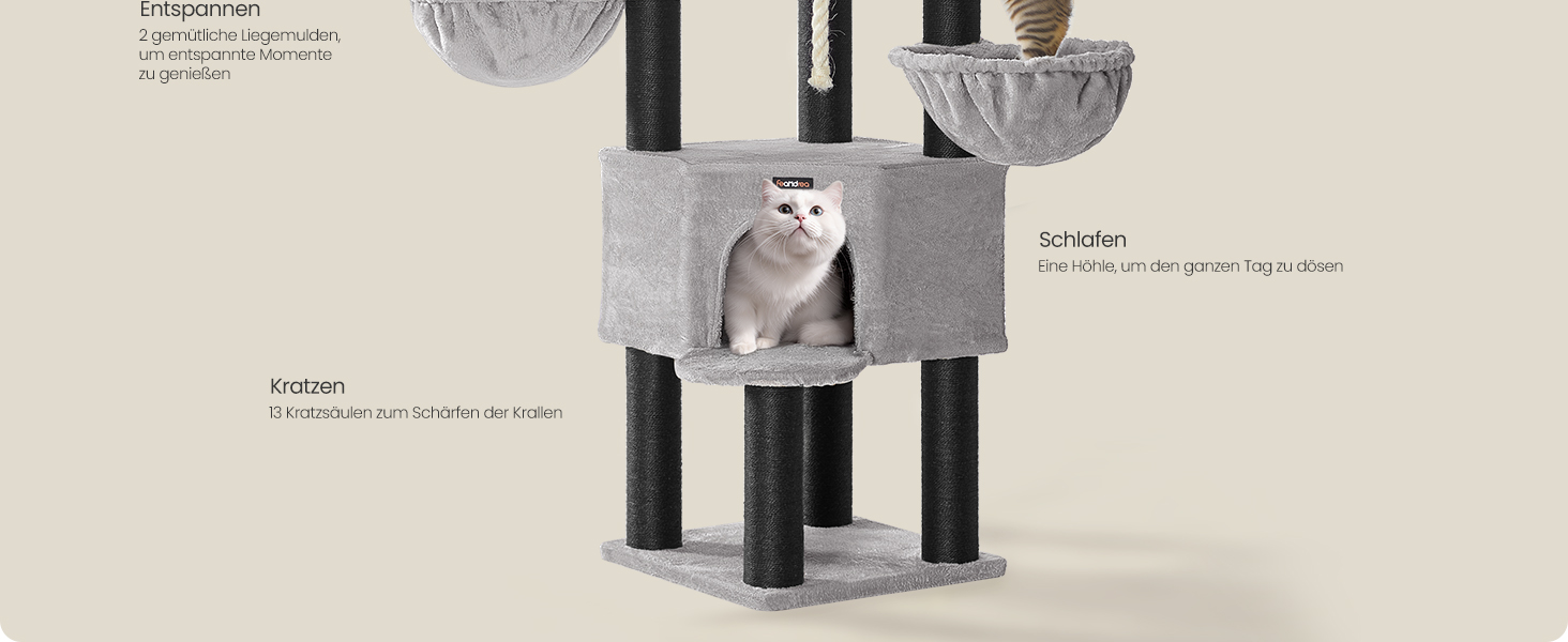Дерево для котів Feandrea, багатоярусне, XXL, 55 x 186.7 x 55 см, товщина сизалю 11 см, для великих котів (наприклад, Мейн-кун), сіро-чорний колір, артикул PCT008G02