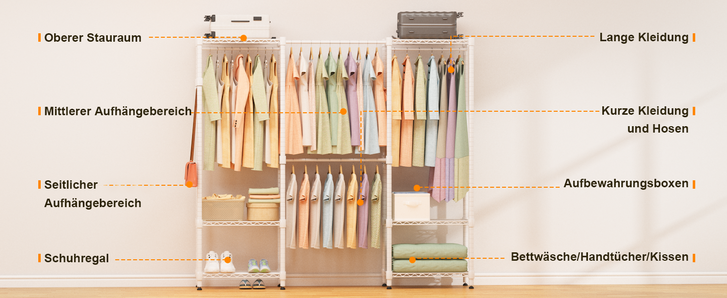 Тeleskopна штанга Himimi для одягу з 4 перекладинами та 6 регульованими полицями, 1 гачок, телескопічна система полиць B (175-230) x H180 см, адаптована для різних приміщень (білий)