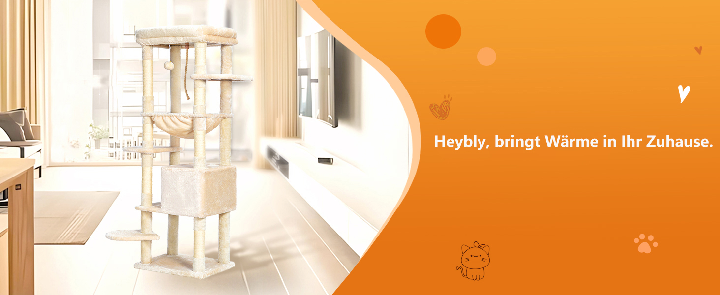 Драбина для котів Heybly Kratzbaum з лежаком, печерею та великими платформами, 50 x 50 x 153 см, бежева HCT050M