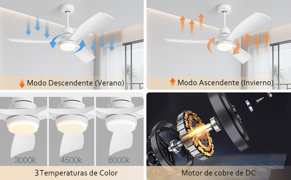 Стеляний вентилятор з підсвіткою та пультом дистанційного керування, тихий DC мотор, 132 см/52 дюйми, 3 дерев'яних лопаті, таймер, 6 швидкостей, сертифікований ETL, режим літо/зима для спальні (132см/52 дюйми, Білий)