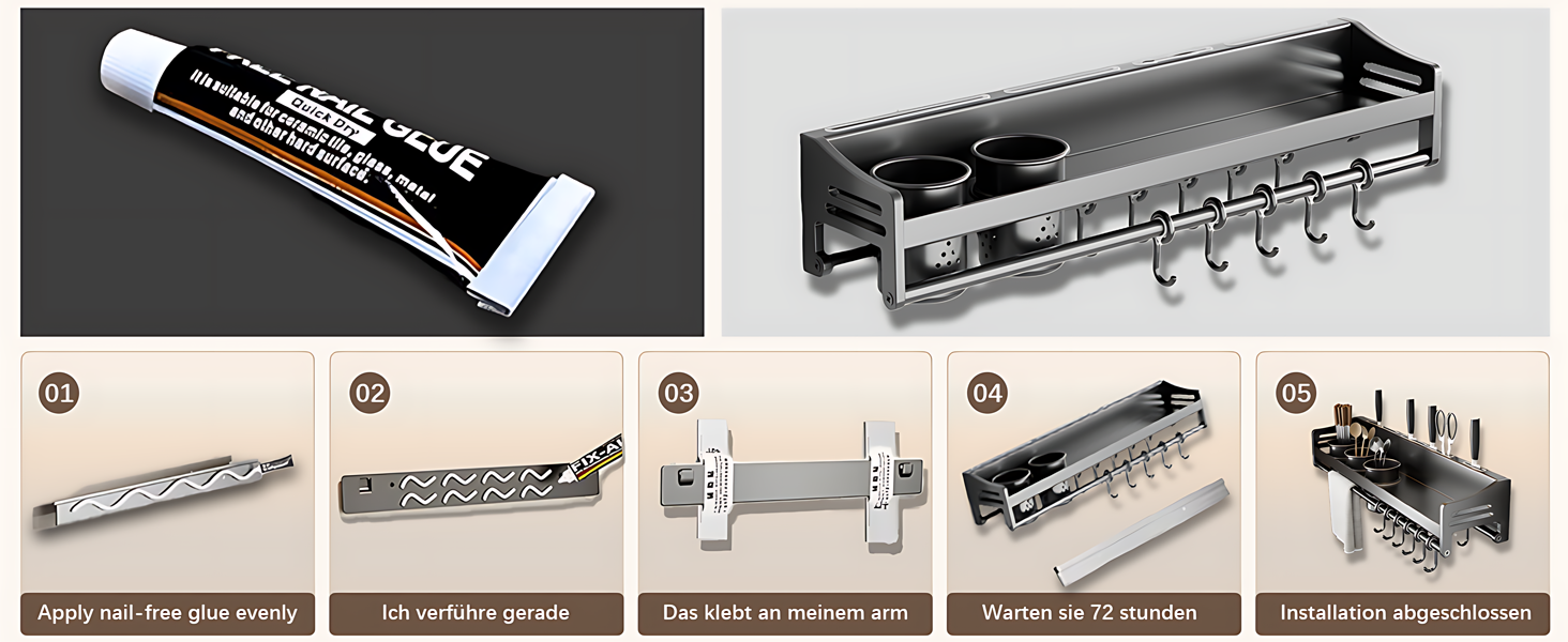 Настінна полиця для спецій, кухонна полиця без свердління, сіра, 50х13.4х12 см, з гачками та підставками для кухонного приладдя