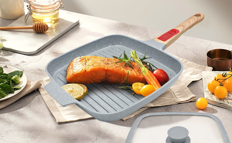 Гриль-сковорода з кришкою 26x24 см з антипригарним керамічним покриттям, знімною ручкою, блакитна