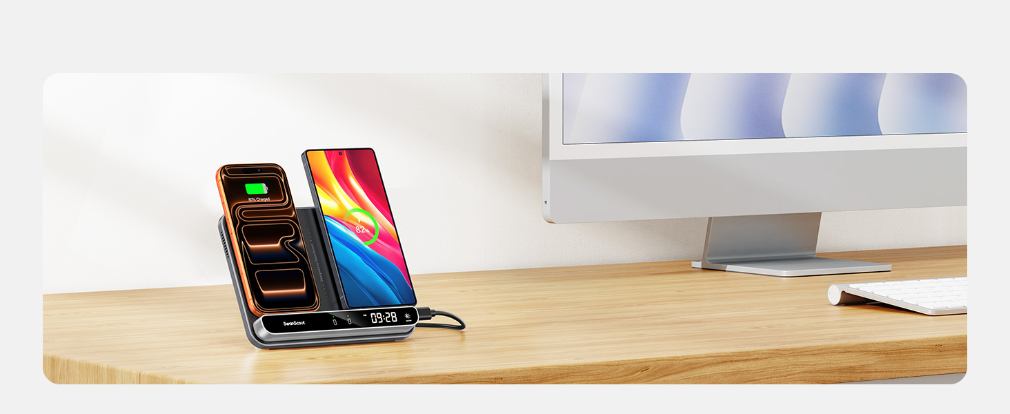 Двопортова індукційна зарядка SwanScout 504 для 2 телефонів та AirPods/Galaxy Buds (30W)