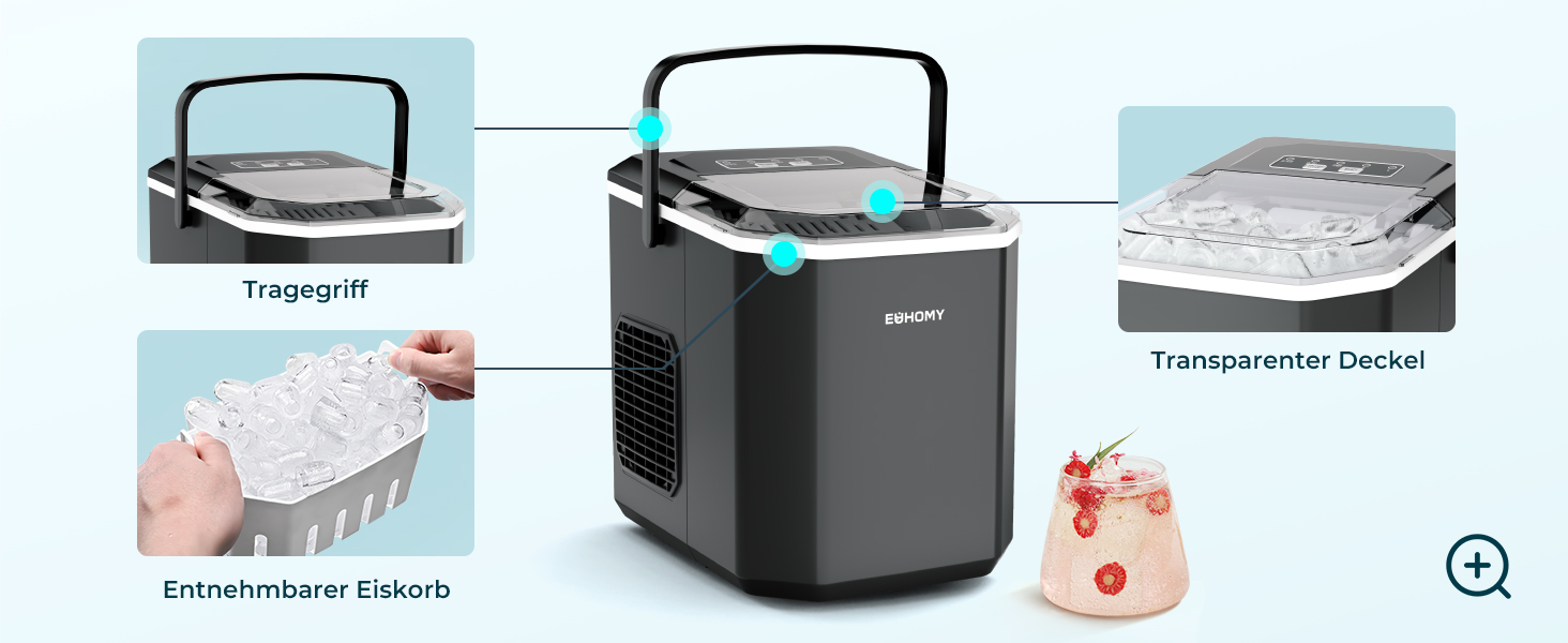 EUHOMY Ice Maker - Countertop Ice Machine, Stainless Steel, 12kg/Day Capacity, 9 Cubes in 6 Minutes, 2 Sizes, for Home, Kitchen, Office, RV - Black