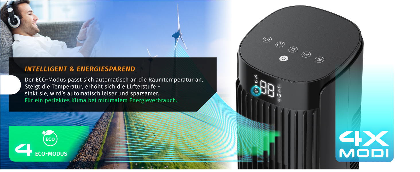 Вентилятор підлоговий Brandson DC Turm з Wi-Fi, керування через Smart Life, енергоефективний, тихий, з пультом - ECO GREEN