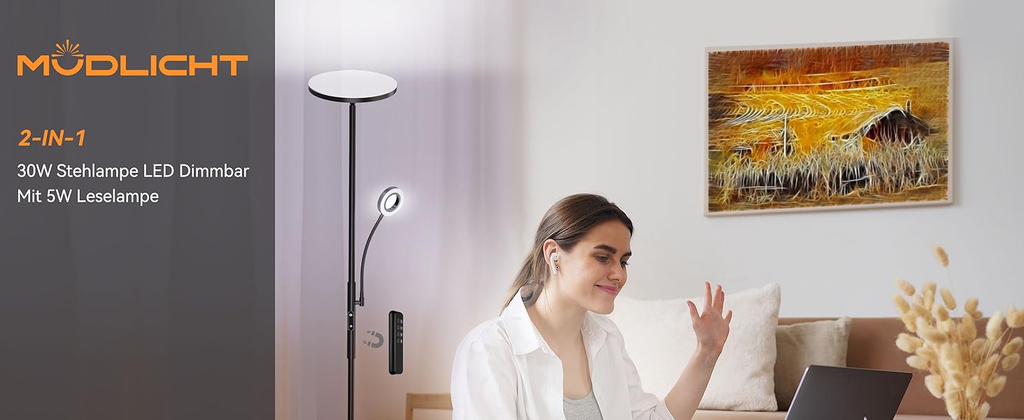 LED-стійка лампа Modlicht 35W з регулюванням яскравості, чорна, 4200LM з пультом ДУ та сенсорним керуванням, 3000-6000K, для вітальні, спальні, офісу