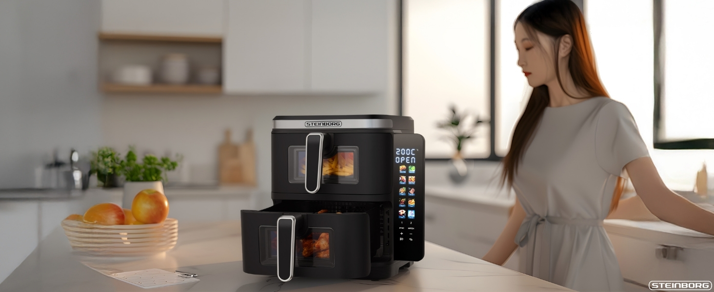 Фритюрниця Steinborg® з подвійною камерою, 11 літрів, фритюрниця без олії, гриль, духовка, сушка, 2 вертикальні шухляди (5,5л+5,5л)