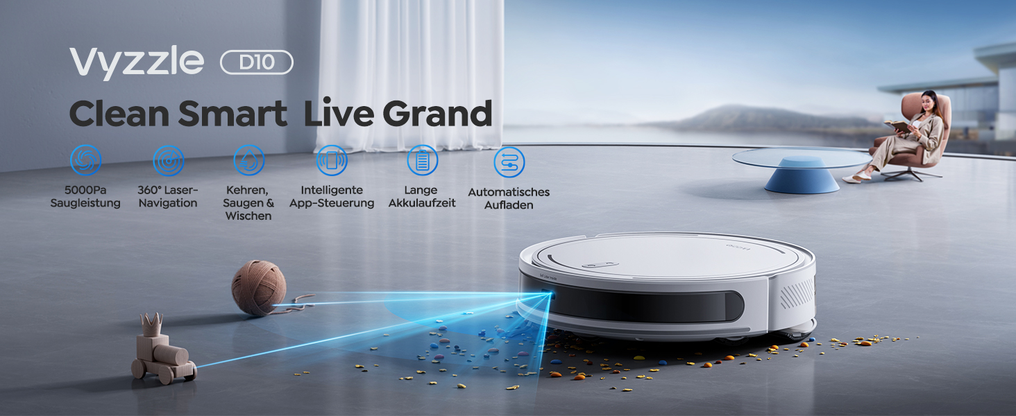 Робот-пилосос з функцією миття підлоги Vyzzle D10, LDS навігація, 5000Pa, керування через додаток/Alexa, для шерсті тварин, килимів, твердих підлог, білий