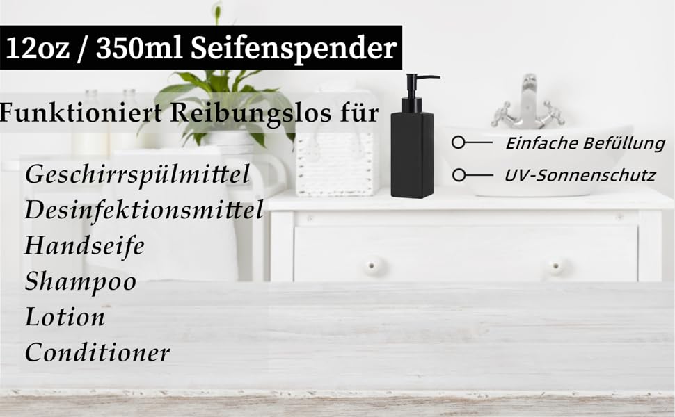 Чорний диспенсер для мила, скло Bibilan, матовий, для кухні, ванної, миття посуду, шампуню, квадратний