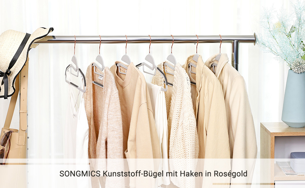 Набір вішалок SONGMICS 30 шт., для костюмів, з пластику, преміум-якість, антиковзаюче покриття, економія місця, 0,5 см товщина, гачок рожевого золота, поворот на 360°, ширина 41,5 см, світло-сірий + темно-сірий