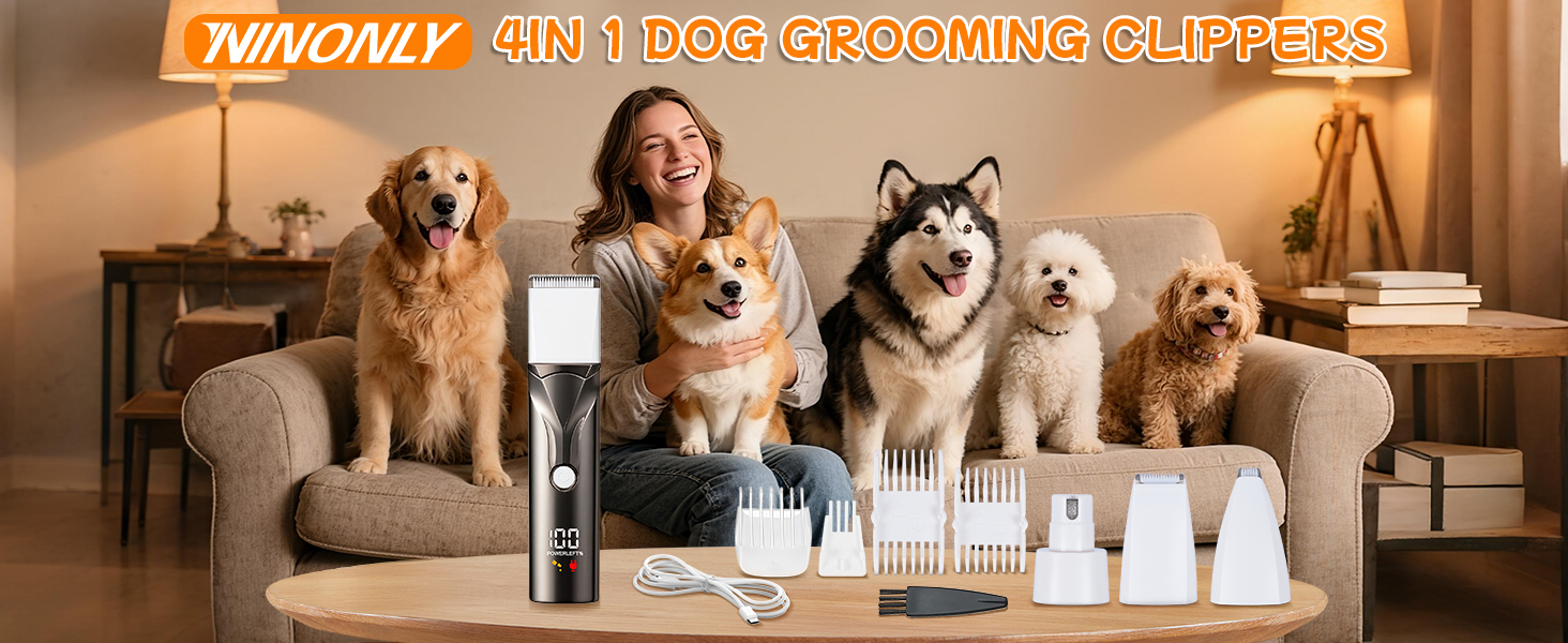 Набір для стрижки собак 4 в 1 Ninonly: тиха, акумуляторна машинка для собак та котів з 4 насадками для тіла, лап, очей та вух. Тример для лап. Чорний колір.