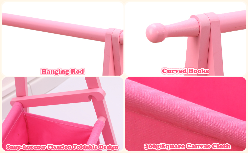 Relquorax Bamboo Children's Clothes Rack with Storage Bag and Clothes Rail, Dress-up Stand, Small Wardrobe Rack, for Costumes in Children's Rooms (Pink)
