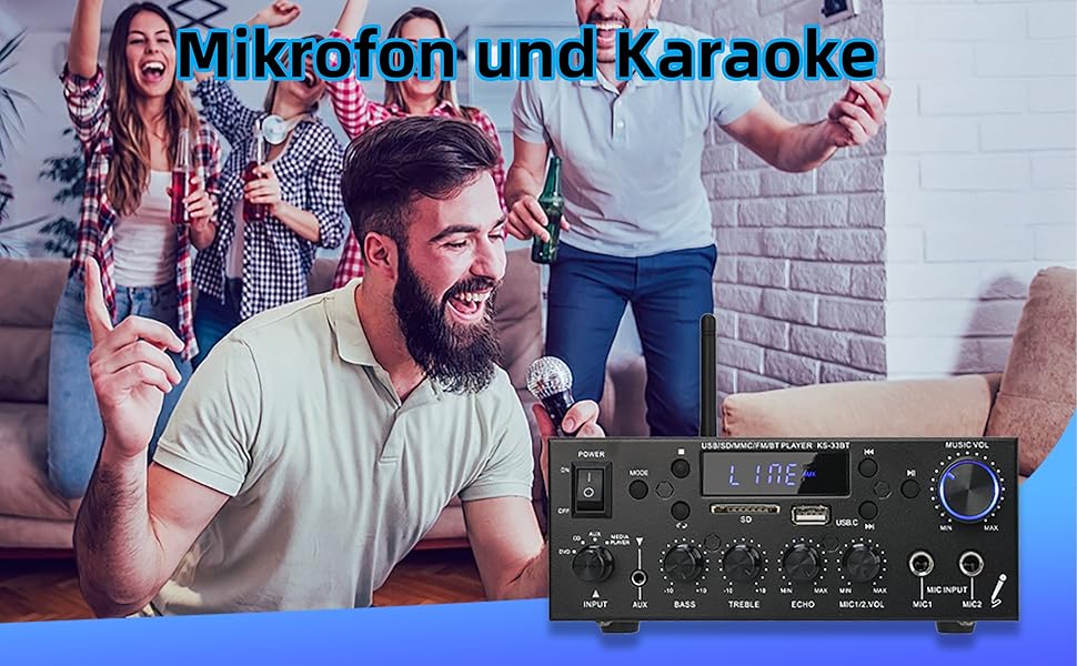 Міні підсилювач 60Вт+60Вт Bluetooth стерео, цифровий Hi-Fi аудіо підсилювач для дому та авто, USB, SD, FM, MIC, LCD дисплей, 12V/230V, 2-канальний (33BT)