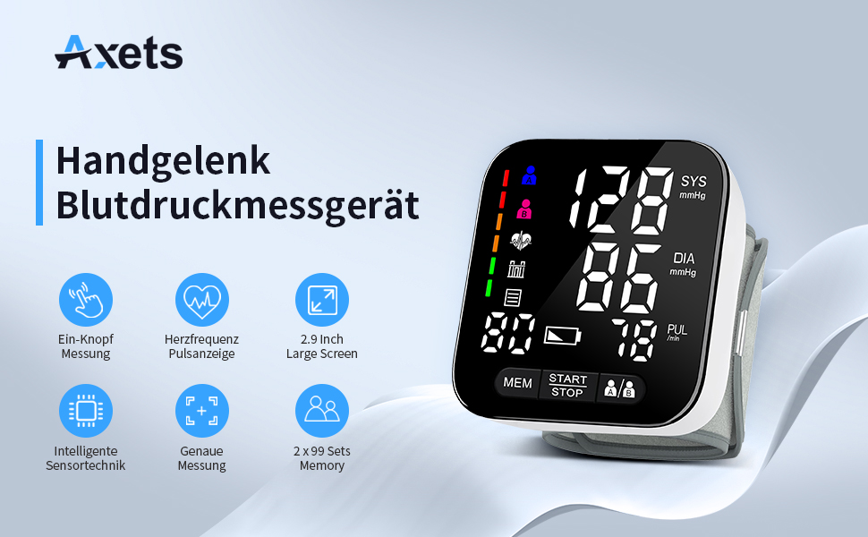 Тонометр на зап'ясті з визначенням аритмії, автоматичний, прецизійний вимір артеріального тиску та пульсу, кольоровий індикатор ризику, 2×99 місць пам'яті, для зап'ясть 13,5-21,5 см