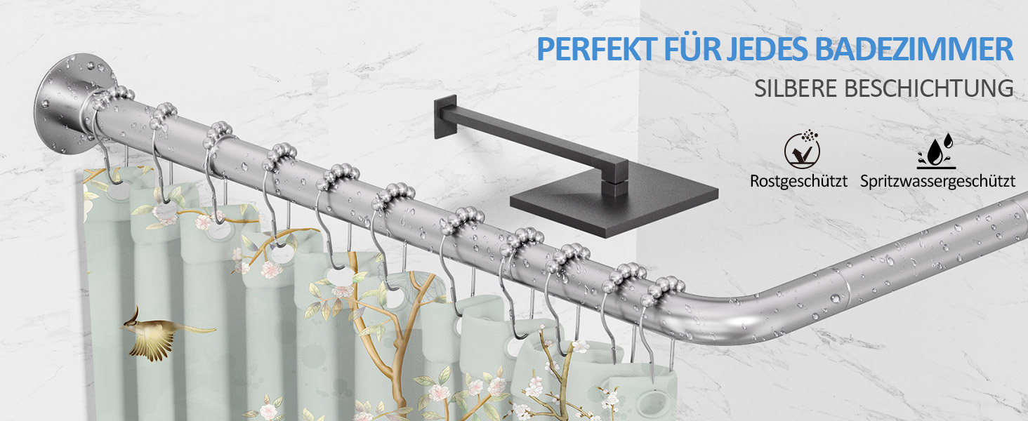 Регульована душова штанга U-подібної/L-подібної форми, 60-92 x 78-196 x 60-92 см, з 12 кільцями для шторки та підпоркою для стелі, для ванни/ванної кімнати, срібна