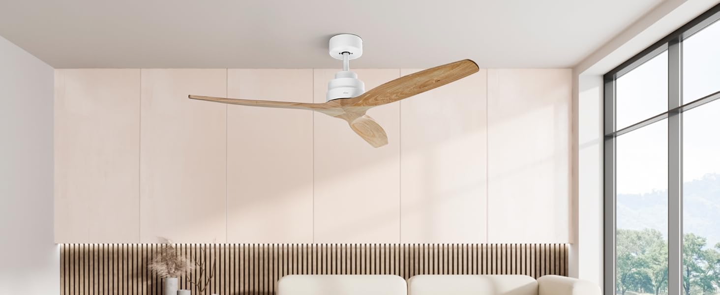 Стеляний вентилятор Ufesa 132 см, 40 Вт, 6 швидкостей, тихий, з 3 дерев'яними лопастями, функція літо-зима, таймер 8 годин, пульт, білий та світле дерево (без світла)