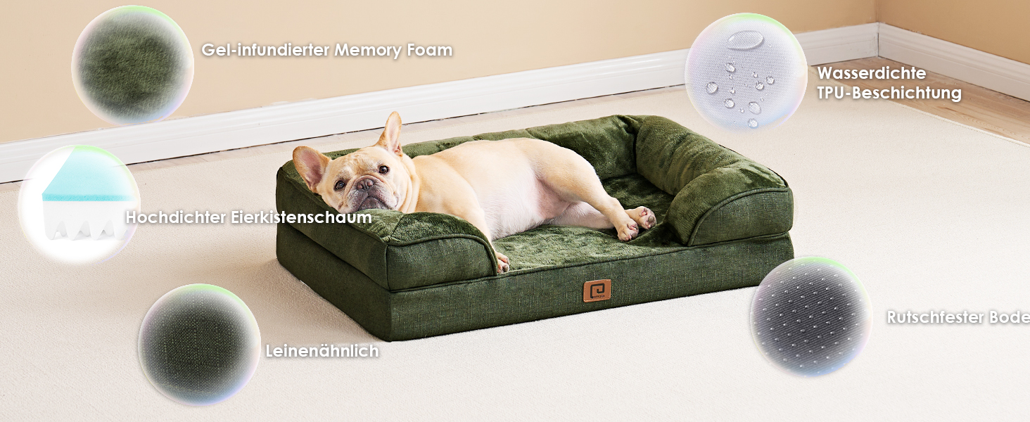 Ортопедичне ліжко для собак EHEYCIGA, 89x56 см, Memory Foam, для собак середніх та маленьких порід, вологостійке, з високим бортиком, темно-зелене