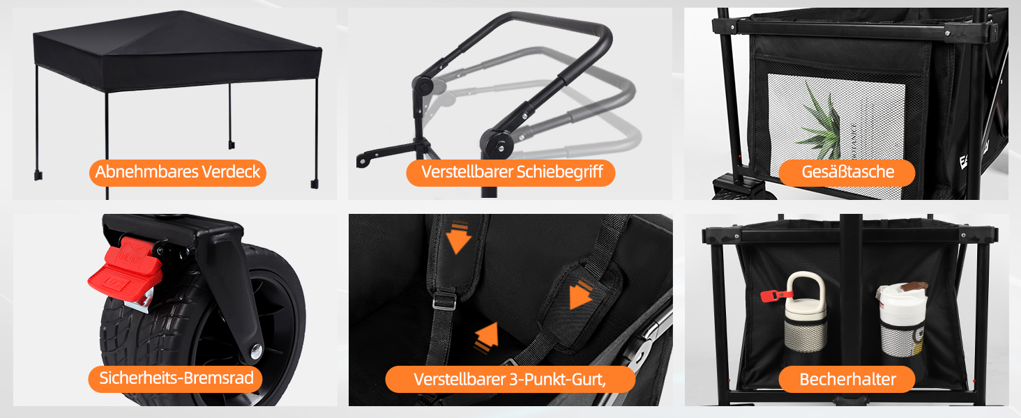 3 в 1 вагончик-тележка складний з гальмами, 150л, 136кг, чорний