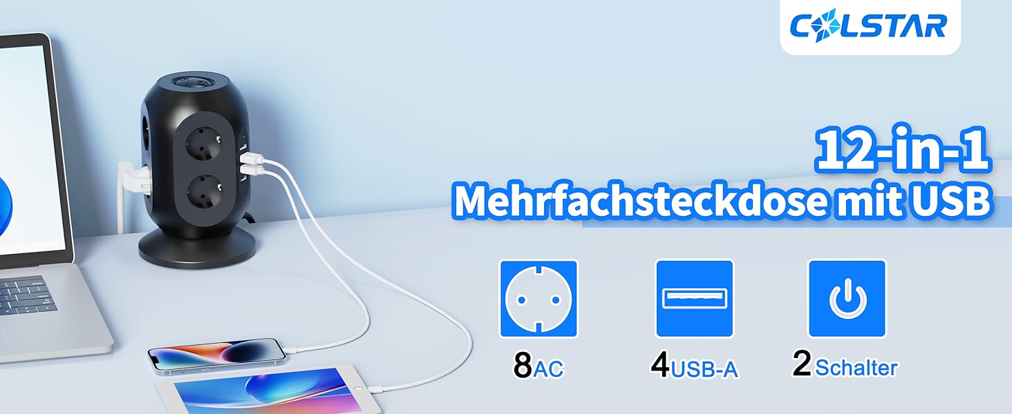 Багатофункціональна мережа живлення Colstar з 4 USB, 8 розеток, захистом від перенапруги, 2м кабелем, для дому та офісу, чорна