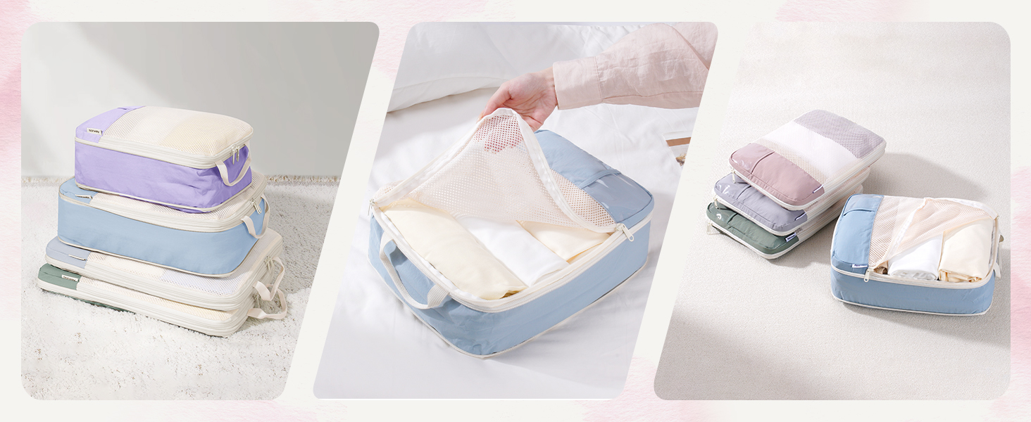 Набір органайзерів для валізи Narwey (6 шт.) - кубики для пакування з компресією, бежевий. Організація подорожей та зручне пакування речей.