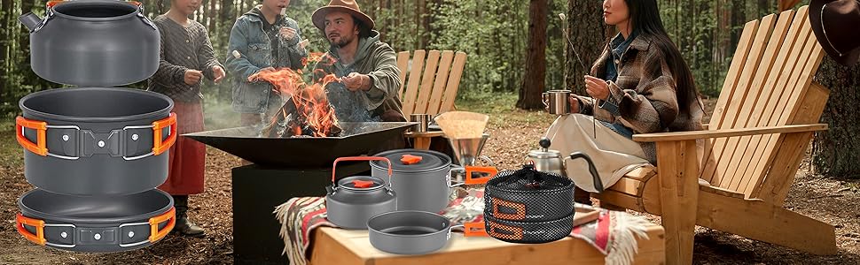 Набір кухонного посуду для кемпінгу, 10 предметів. Набір посуду для приготування їжі на відкритому повітрі, для 2-4 осіб. Плита, сковорода, чайник для пікніків, BBQ та походів