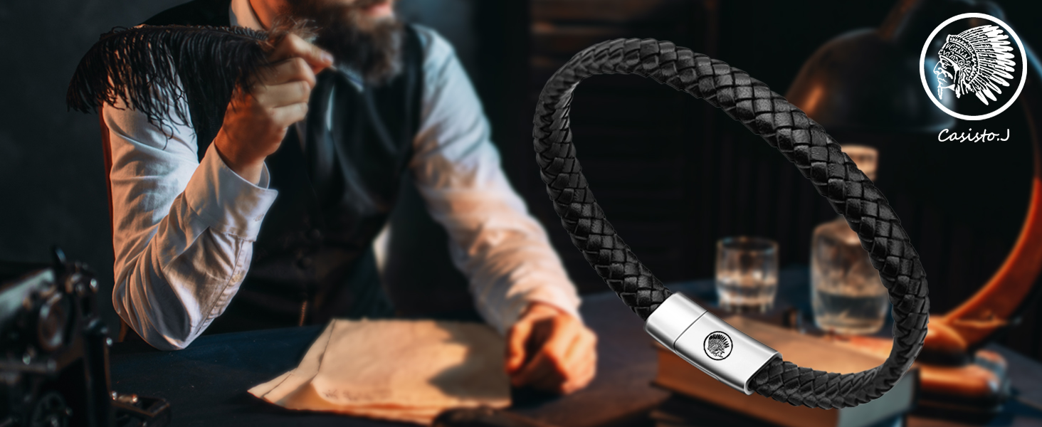 Чоловічий шкіряний браслет Casisto.J з нержавіючої сталі, плетений, з магнітною застібкою, чорний/коричневий, 17.5 см