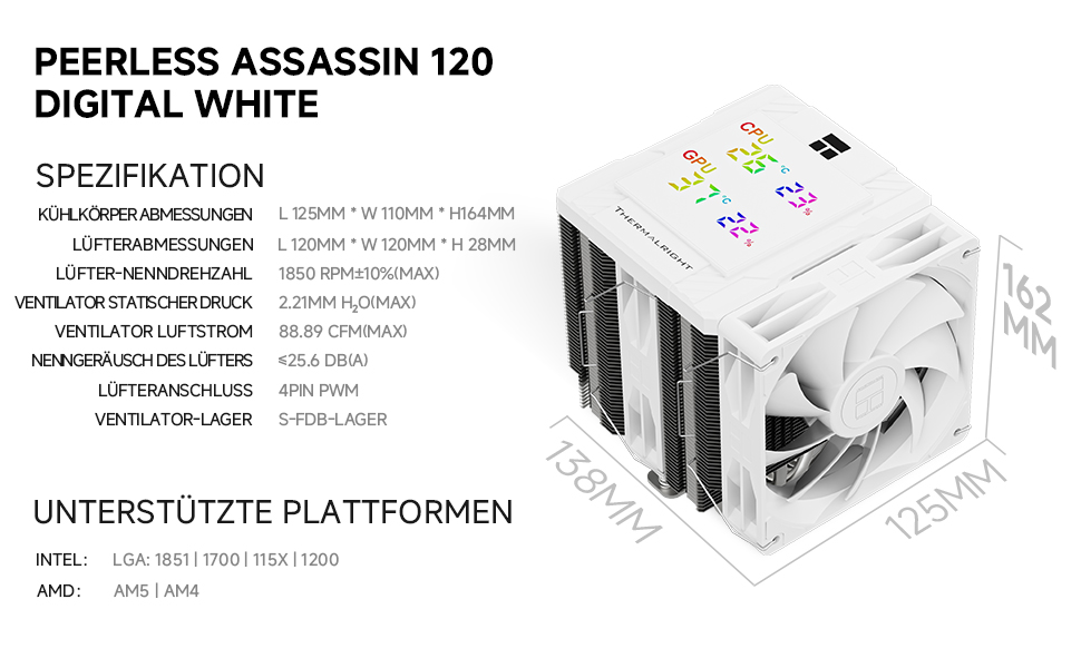 Thermalright Peerless Assassin 120 Digital ARGB: Кулер CPU з 6 тепловими трубками для AM4/AM5, Intel LGA1700/1851/1150/1151/1200, чорний