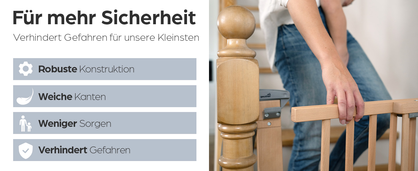 Захист для сходів Geuther Oris | Дверний замок для сходів з кріпленням, ширина 67-95 см | Дверний замок з розсувною дверцятами | Дерев'яне дитяче захисне ворота, натуральний лак 67-95 см