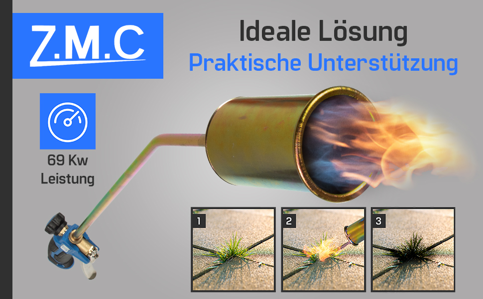 Газовий пальник Z.M.C для видалення бур'янів, 1850°C, діаметр полум'я 60 мм, довжина труби 90 см, шланг 5 м, підключення 2 x 3/8'', з двома ключами