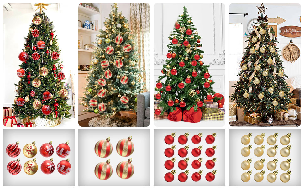 Набір прикрас для ялинки Robofun 44 шт. (червоний, золотий), міцні та безпечні, пластикові кульки для декору ялинки в приміщенні та на вулиці