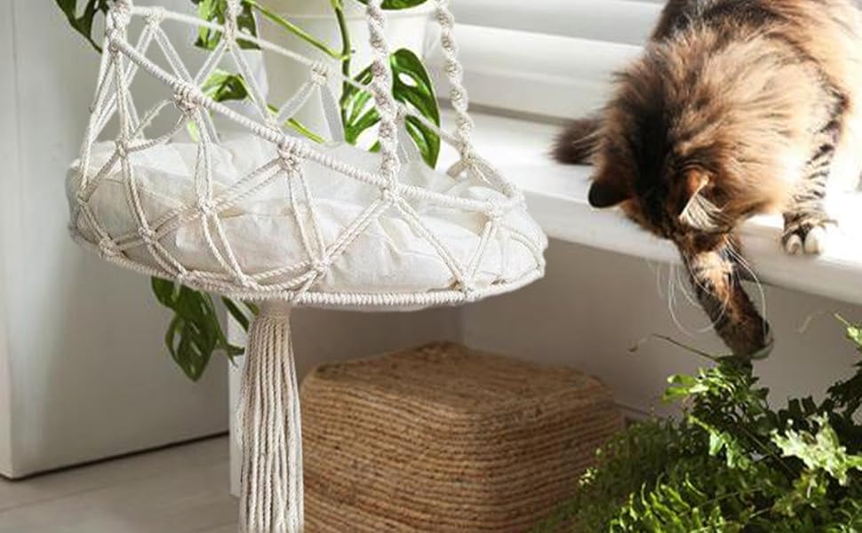 Крісло-гойдалка для кота, гамак-гойдалка Boho з макраме, ліжко для кота з гачком та знімним подушкою для саду, тераси, балкону, вітальні