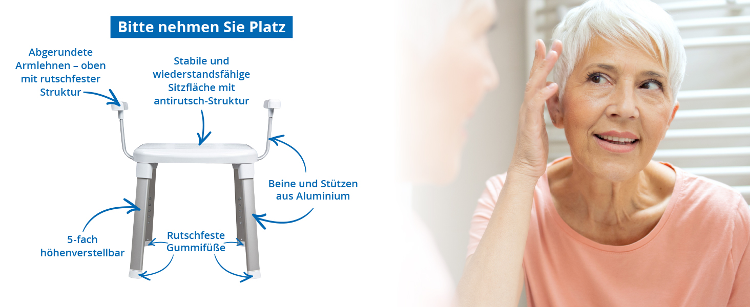 Weinberger Bath Stool Shower Seat with Backrest | Anti-Slip | Supports up to 150 kg | Modern Bathroom Aid for Seniors | Height Adjustable | Model 43906 | White (Bath Stool with Armrests)