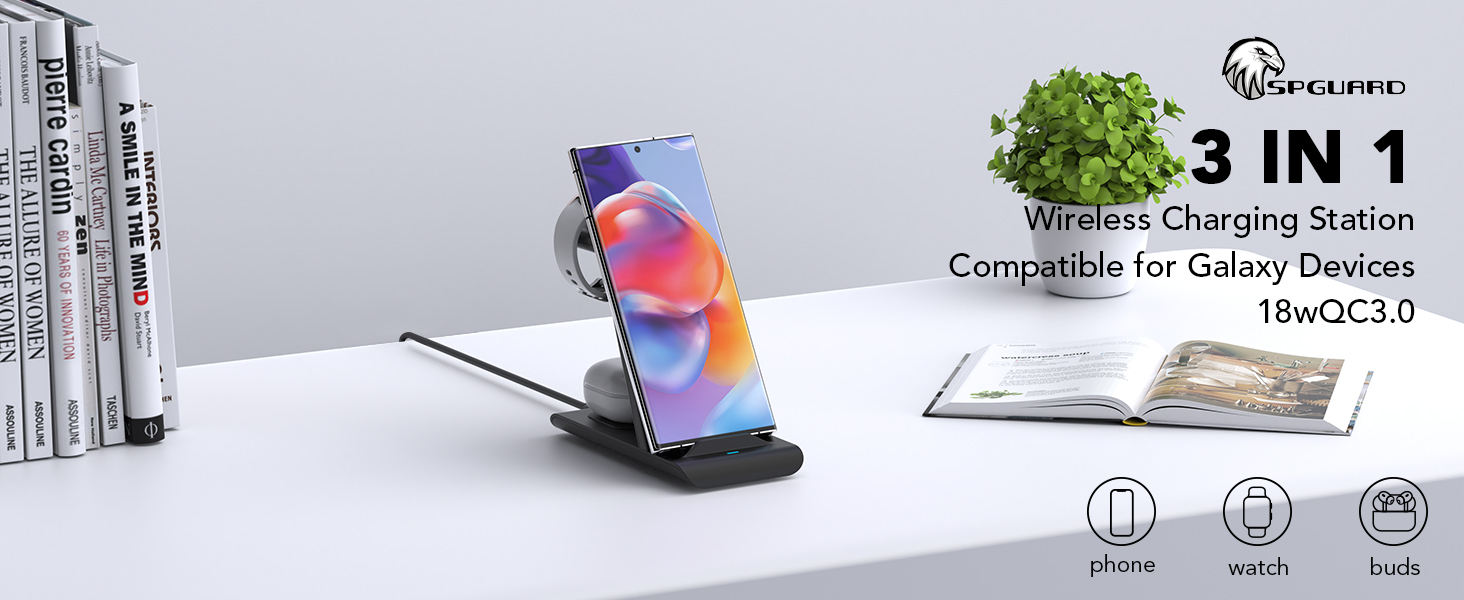 Бездротовий зарядний пристрій 3-в-1 SPGUARD для Samsung Galaxy Watch 8/Ultra/Classic, S25/S25+/S25 Edge/Z Flip 7/Z Fold 7 та Galaxy Buds 3 Pro/2 (Чорний)