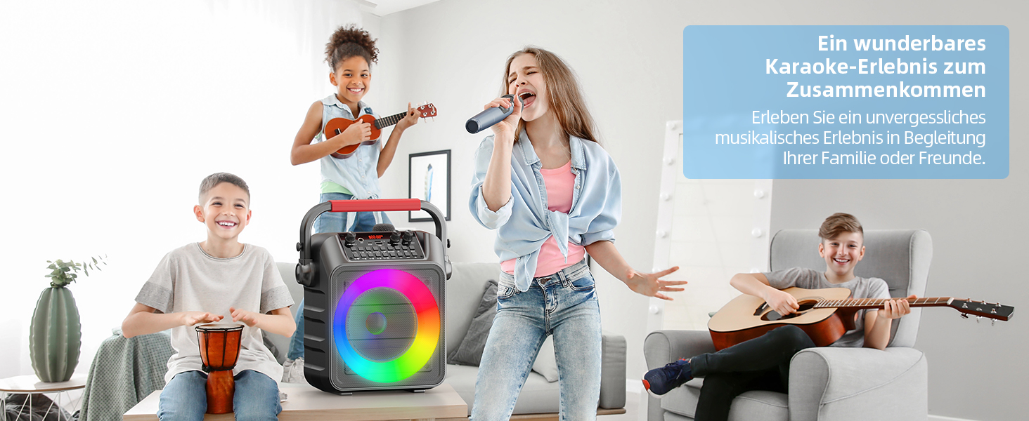 Портативна караоке-машина з 2 мікрофонами та LED-підсвіткою, Bluetooth, AUX, USB, TF, TWS, для вечірок та подарунків (дорослим та дітям)