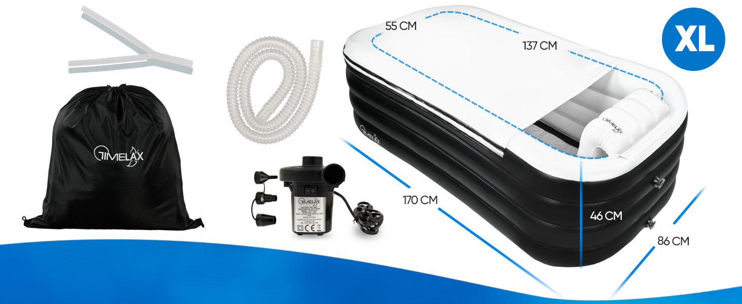 Надувна ванна TIMELAX® XL з ергономічною спинкою | 0,5 мм PVC, без BPA | Мовна, розкладна, для дорослих, чорна