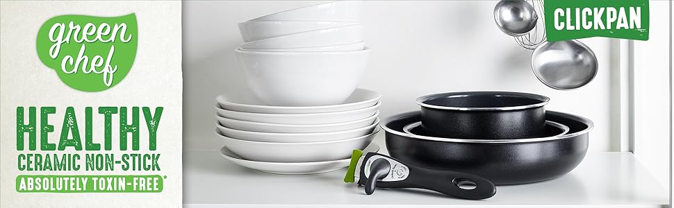 Набір каструль GreenChef ClickPan, 3 предмети, керамічне антипригарне покриття, PFAS-free, знімна ручка, для індукції, посудомийної машини, 16 см/1,6 л та 20 см/3,1 л, чорний, універсальний, компактний