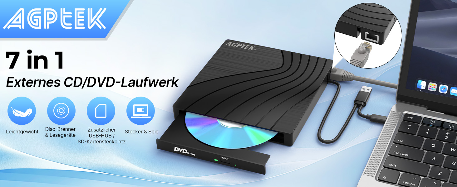 Зовнішній DVD-накопичувач AGPTEK USB 3.0 Slim CD/DVD-брунер з картридером TF/SD для ноутбука, MacBook, Windows, Linux, Mac OS
