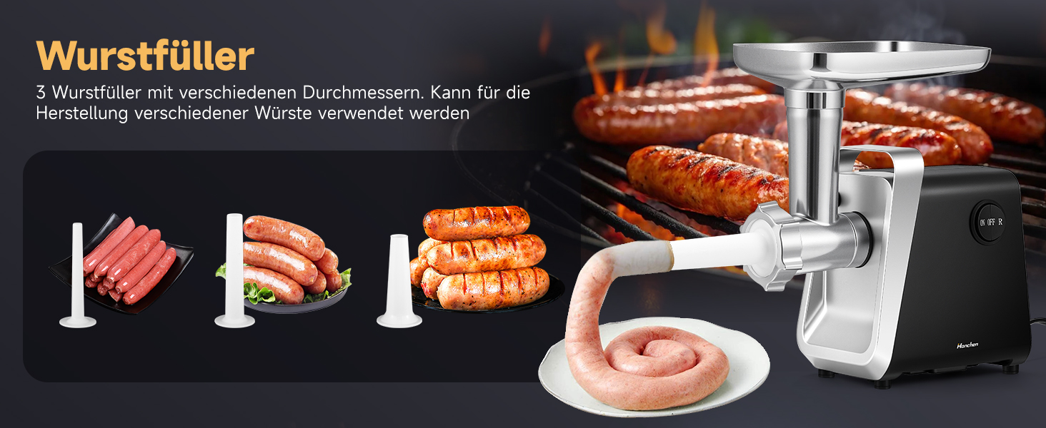 М'ясорубка електрична Hanchen 4-в-1 з насадками для ковбас та печива, 3 диски (3.5/5/7 мм), нержавіюча сталь