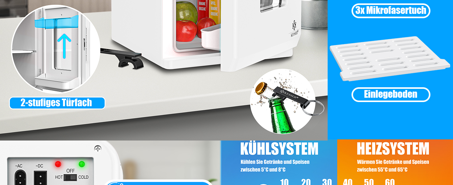 Міні холодильник/термобокс KESSER® 15L з охолодженням та підігрівом, 220-240V/12V, для авто, офісу, дому, кемпінгу, білий