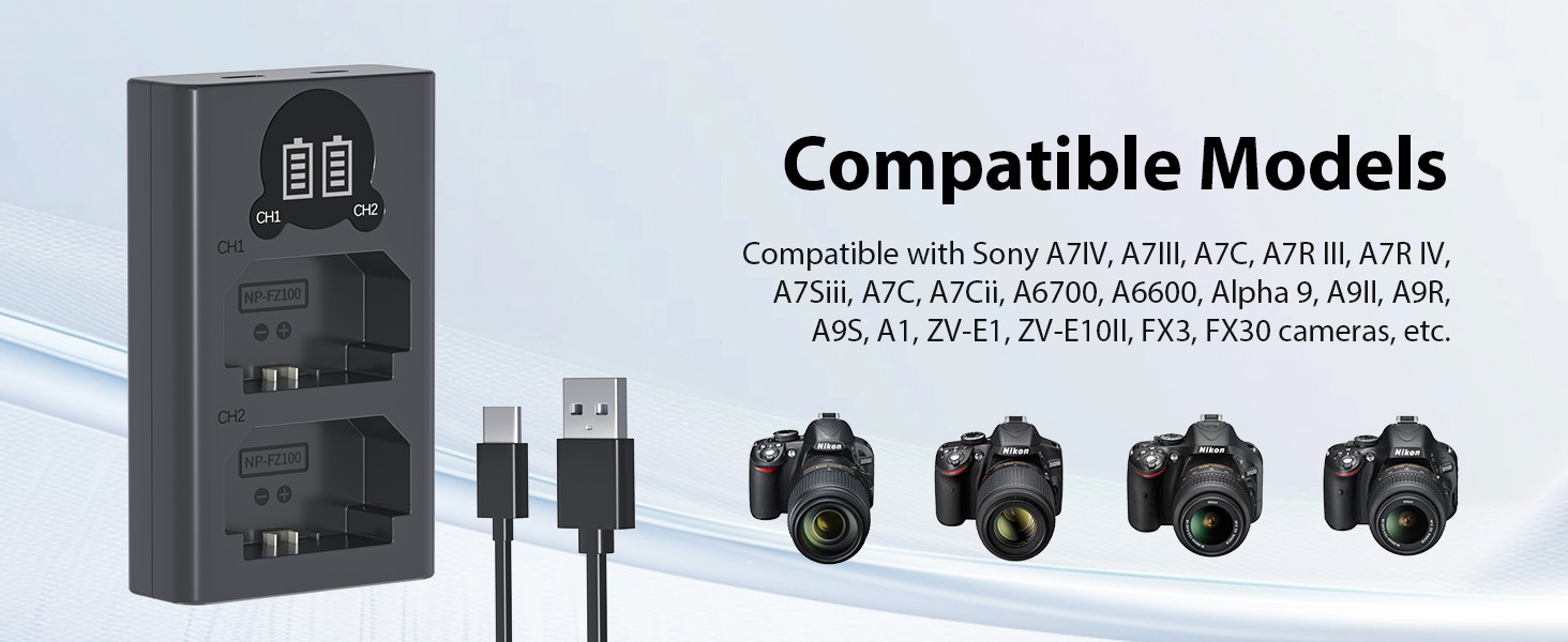 Зарядний пристрій LP NP-FZ100 з LCD-дисплеєм, Dual USB, сумісний з Sony A7iii, A7iv, A7C, A6700, A6600, ZV-E1, ZV-E10ii, FX3, FX30, A9, Alpha 9, Alpha 9S, A9S, A7R3 та A7R4