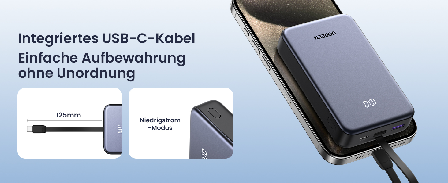 Power Bank UGREEN 20000mAh 22.5W з USB-C кабелем: заряд для iPhone, Samsung Galaxy та інших