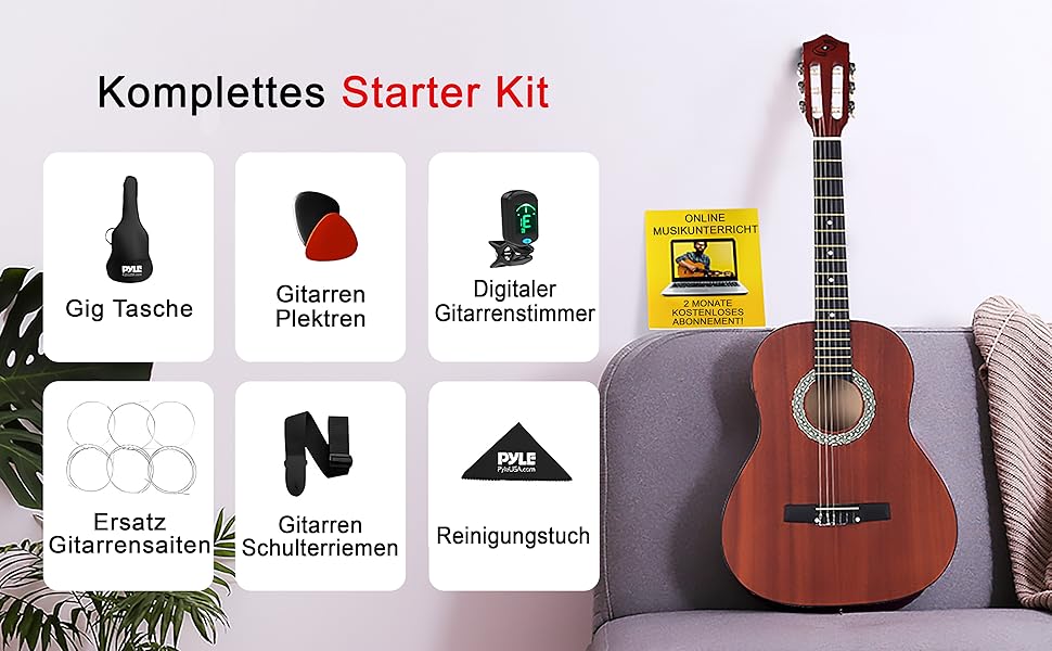 Акустична гітара Pyle для дітей та початківців, ½ розміру, чорна (сапеле, 91 см), комплект з чохлом, тюнером та медіатором
