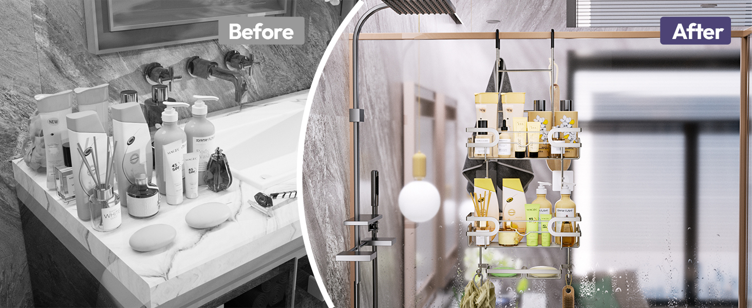 Настінна поличка для душу SWTYMIKI з нержавіючої сталі, сірого кольору - 2 корзини, 2 мильниці, 14 гачків