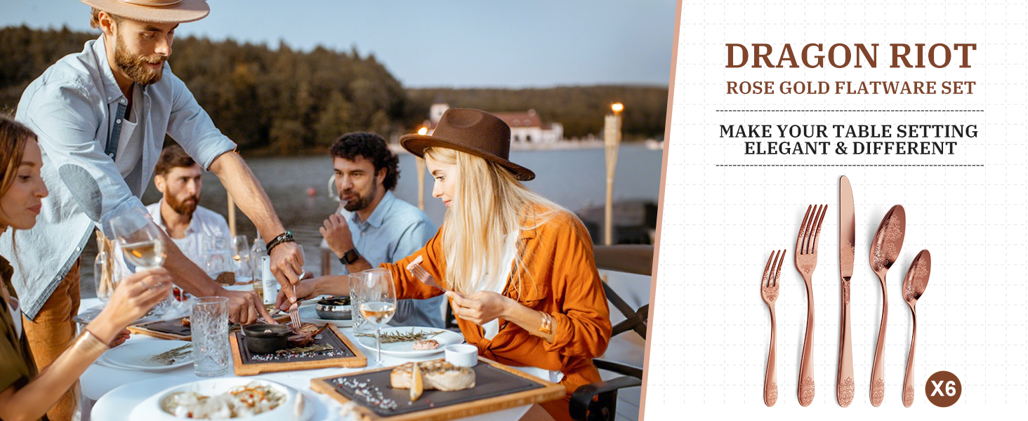 Набір столових приборів Dragon Riot на 6 осіб (30 предметів) з нержавіючої сталі, рожеве золото, для дому/вечірки/ресторану
