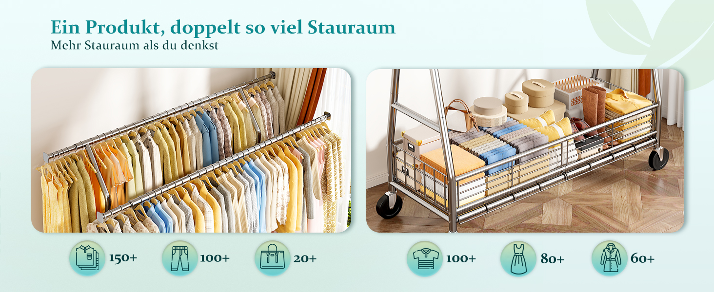 Підвісна шафа для одягу на коліщатках з подвійною перекладиною та сітчастим кошиком, 200 кг, великий об'єм для зберігання одягу та аксесуарів